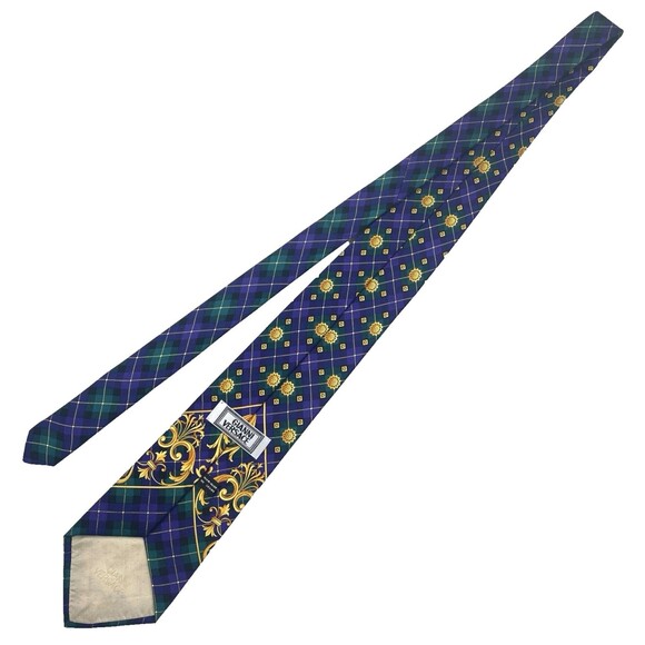Vintage Versace Tie Mens Silk Purple Gold Plaid Baroque Print Necktie Designer - Picture 11 of 13